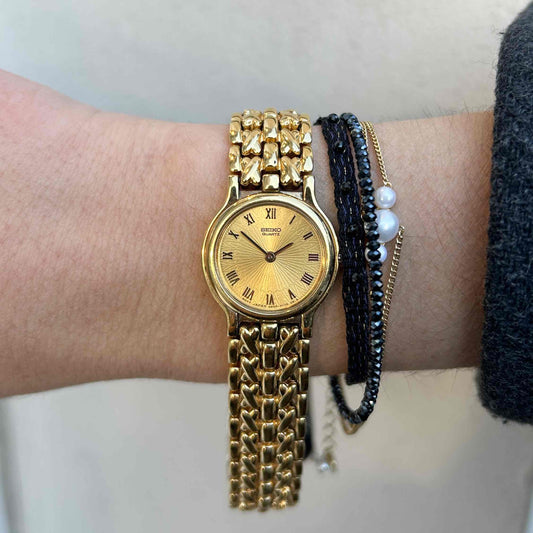 Seiko Cocktail Watch: Ladies Vintage 80s Champagne Guilloche Dial - NOS