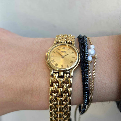Seiko Cocktail Watch: Ladies Vintage 80s Champagne Guilloche Dial - NOS