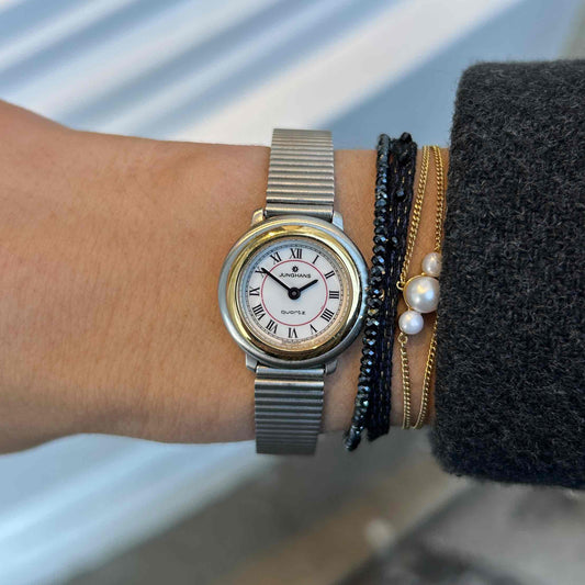 Junghans Vintage Watch: Ladies 90s Two-Tone Gold Glossy White Roman Dial - NOS