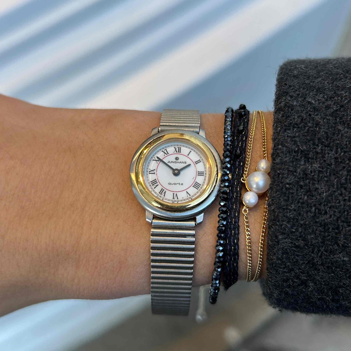 Junghans Vintage Watch: Ladies 90s Two-Tone Gold Glossy White Roman Dial - NOS
