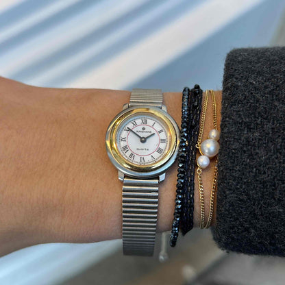 Junghans Vintage Watch: Ladies 90s Two-Tone Gold Glossy White Roman Dial - NOS