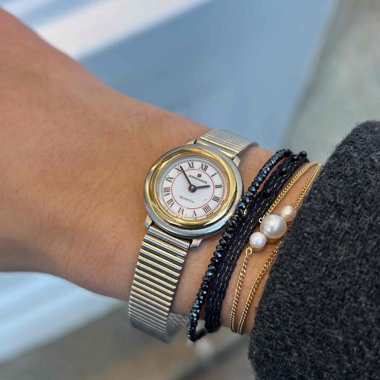 Junghans Vintage Watch: Ladies 90s Two-Tone Gold Glossy White Roman Dial - NOS
