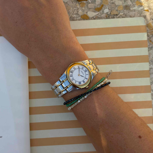 Michel Herbelin Watch: Ladies White Guilloche Dial 90s Gold Two-Tone