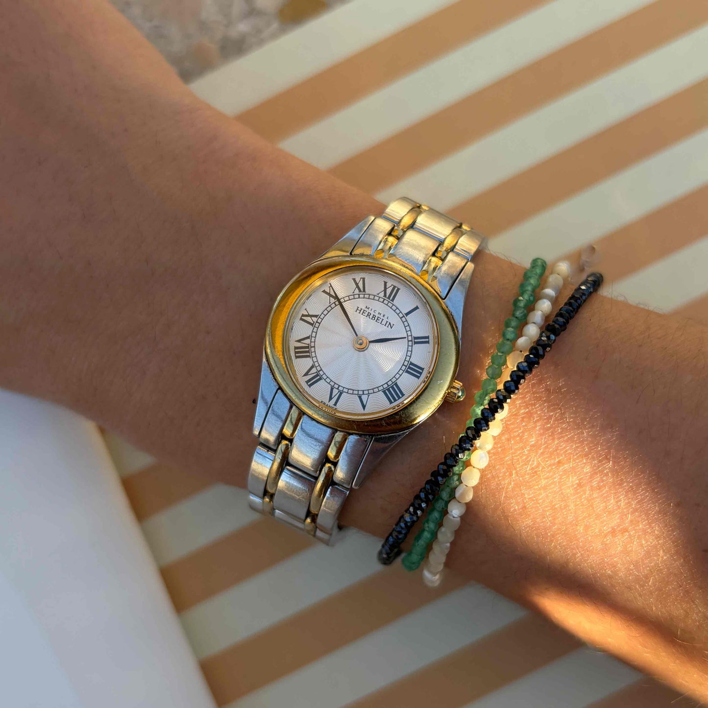 Michel Herbelin Watch: Ladies White Guilloche Dial 90s Gold Two-Tone