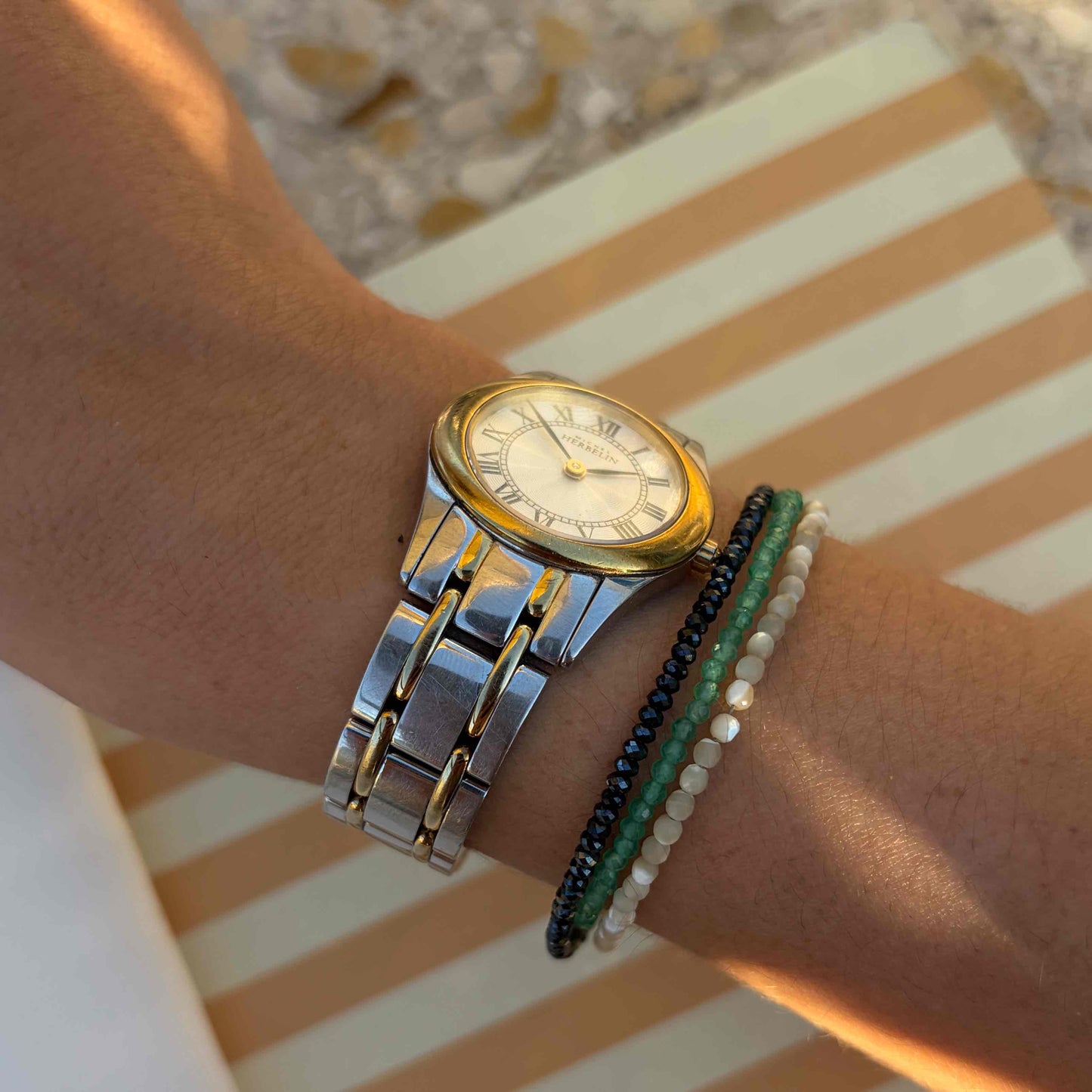Michel Herbelin Watch: Ladies White Guilloche Dial 90s Gold Two-Tone