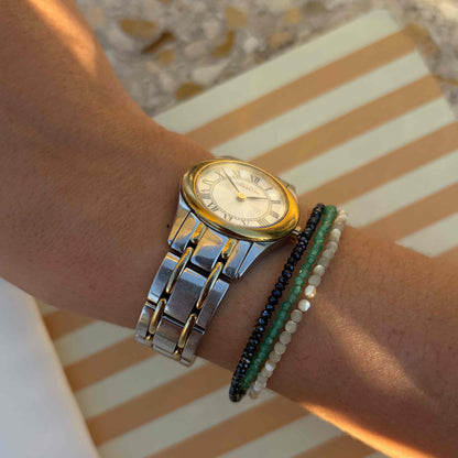 Michel Herbelin Watch: Ladies White Guilloche Dial 90s Gold Two-Tone