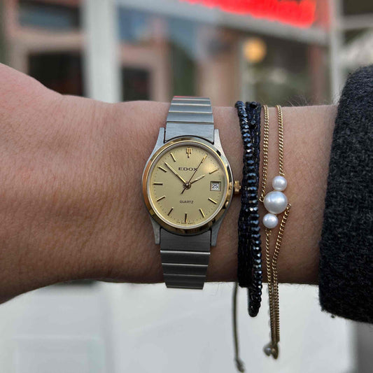 Edox Vintage Ellipse: Two-Tone Ladies Watch 80s Champagne Dial - NOS