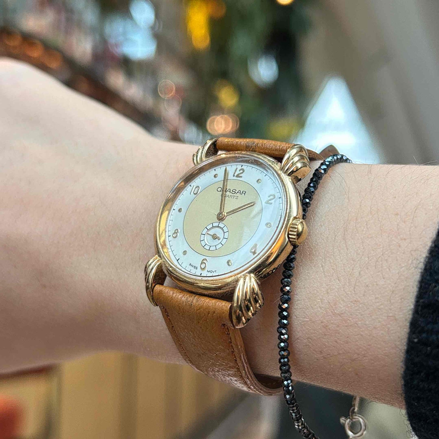 Quasar Vintage Watch: Art Deco Ladies Golden Watch 80s Small Seconds