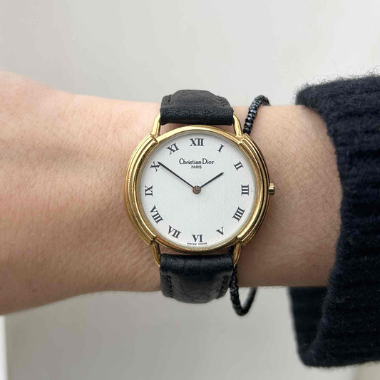 Christian Dior Watch: Vintage Ladies 80s Gold with Roman White Dial