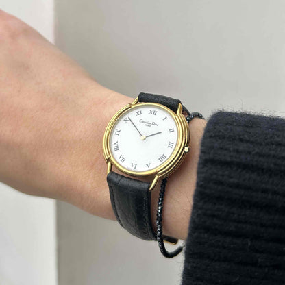 Christian Dior Watch: Vintage Ladies 80s Gold with Roman White Dial