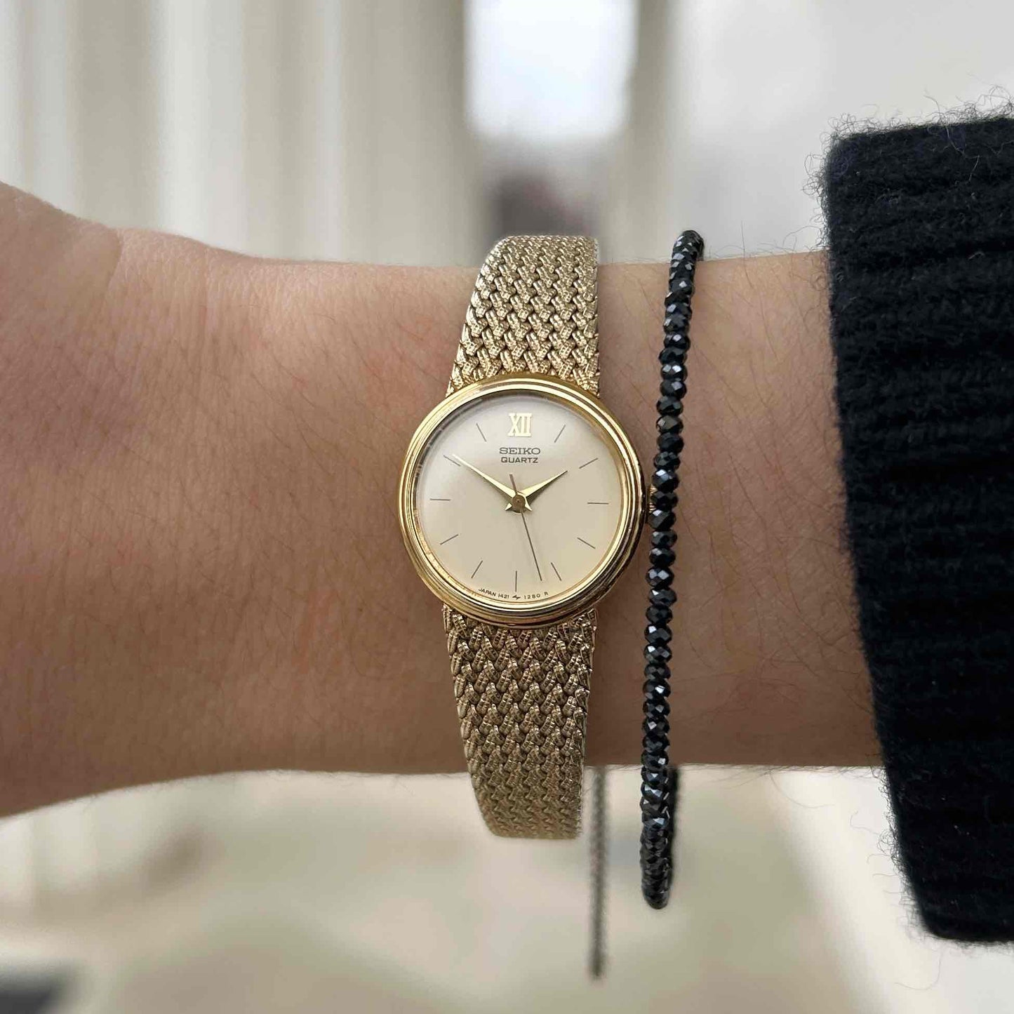 Seiko Cocktail Watch: Ladies Vintage 90s Ivory Dial Woven Bracelet