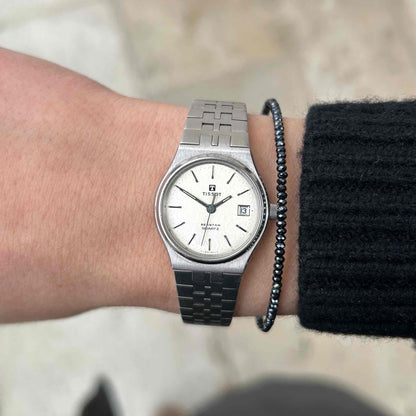 Tissot Seastar Watch: Ladies 80s Vintage Silver White Dial Date