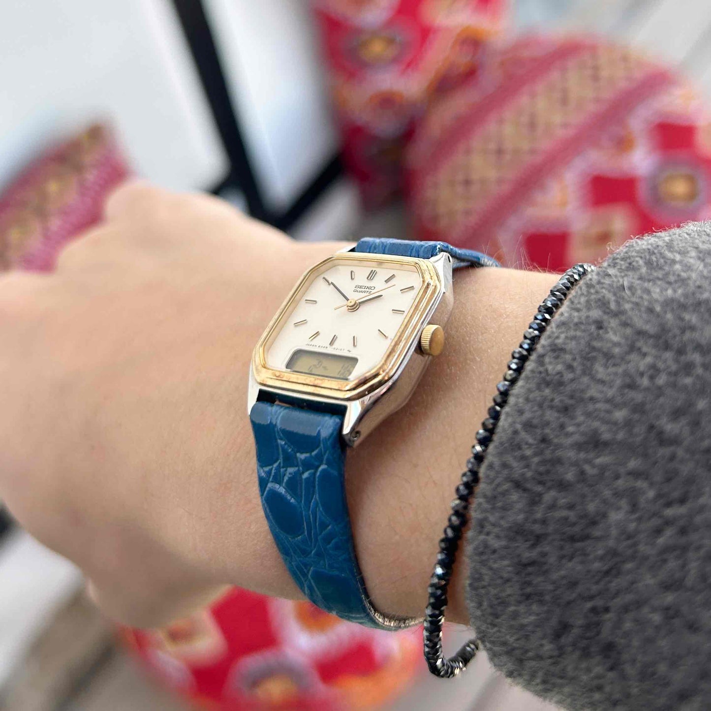 Seiko AnaDigi Watch: Ladies Vintage Gold Two-Tone 80s White Dial