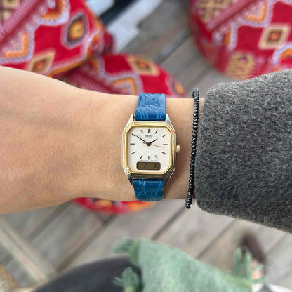 Seiko AnaDigi Watch: Ladies Vintage Gold Two-Tone 80s White Dial
