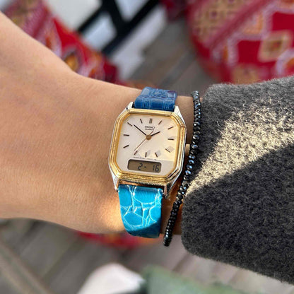 Seiko AnaDigi Watch: Ladies Vintage Gold Two-Tone 80s White Dial
