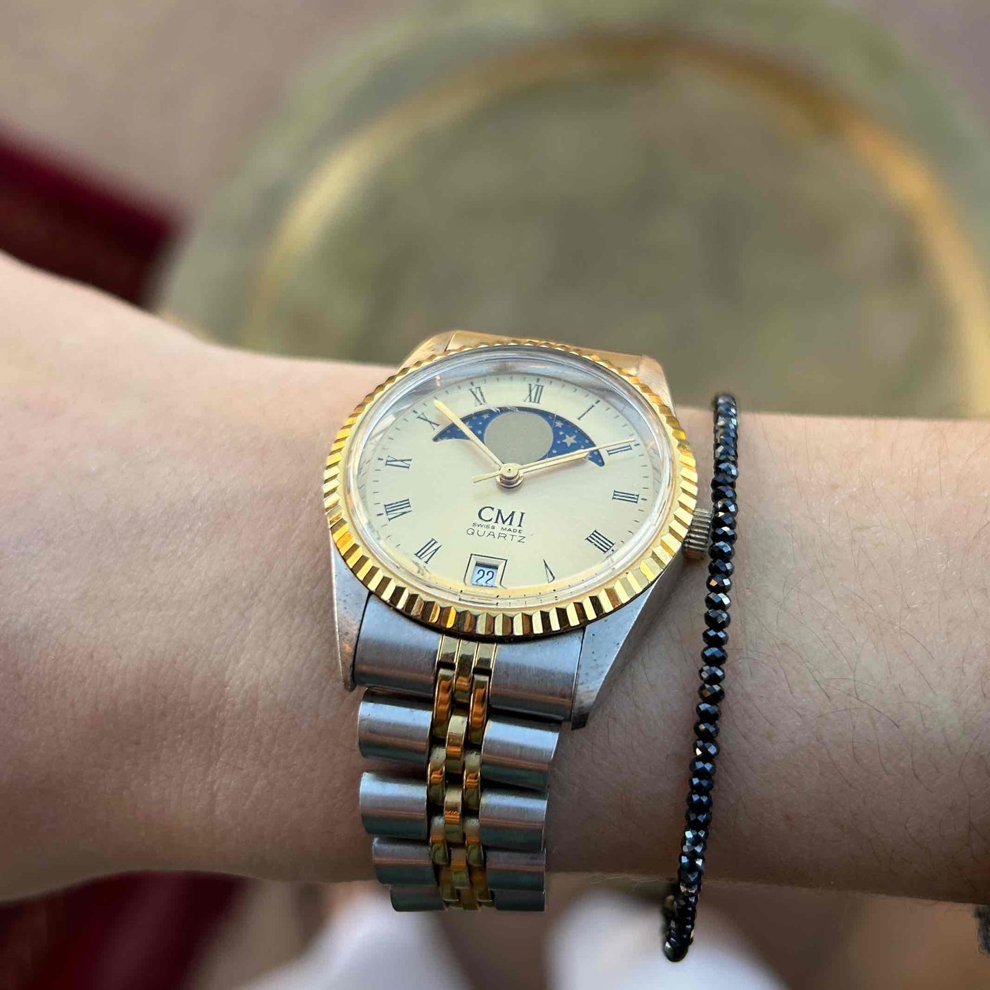 CMI Moon Phase Watch: Ladies 80s Gold with Roman Numerals Blue Champaign Dial