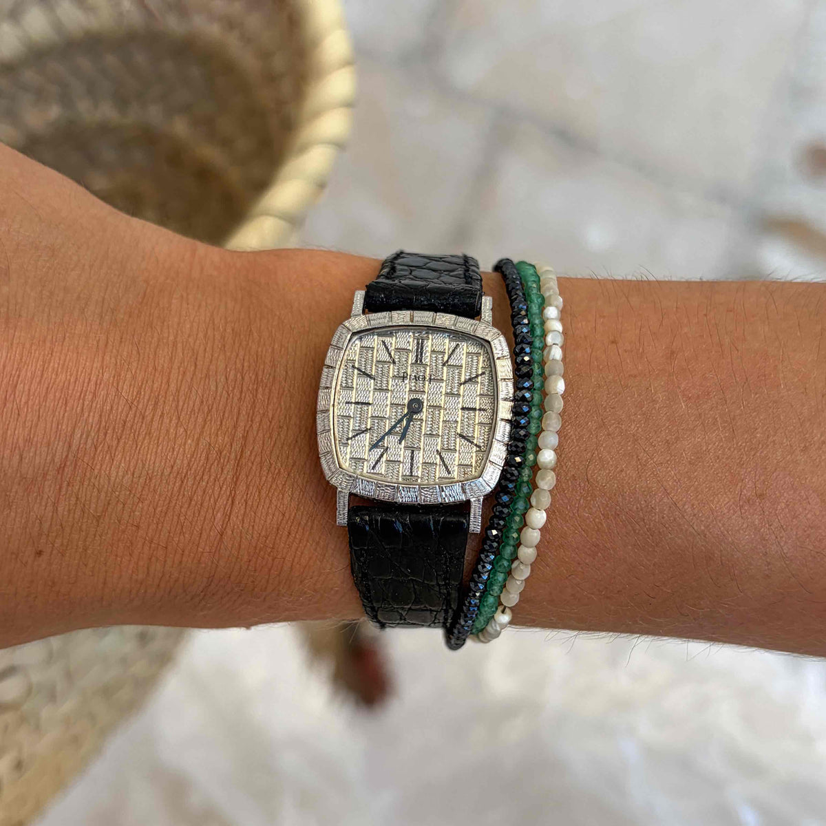 Piaget Cocktail Watch: 18k White Gold Guilloché Cushion Case Ref. 9239 – 1960s