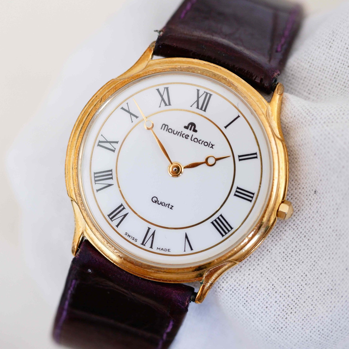Maurice Lacroix Vintage Ladies Watch: 90s Golden with Classic Roman Numerals, Third Front Side
