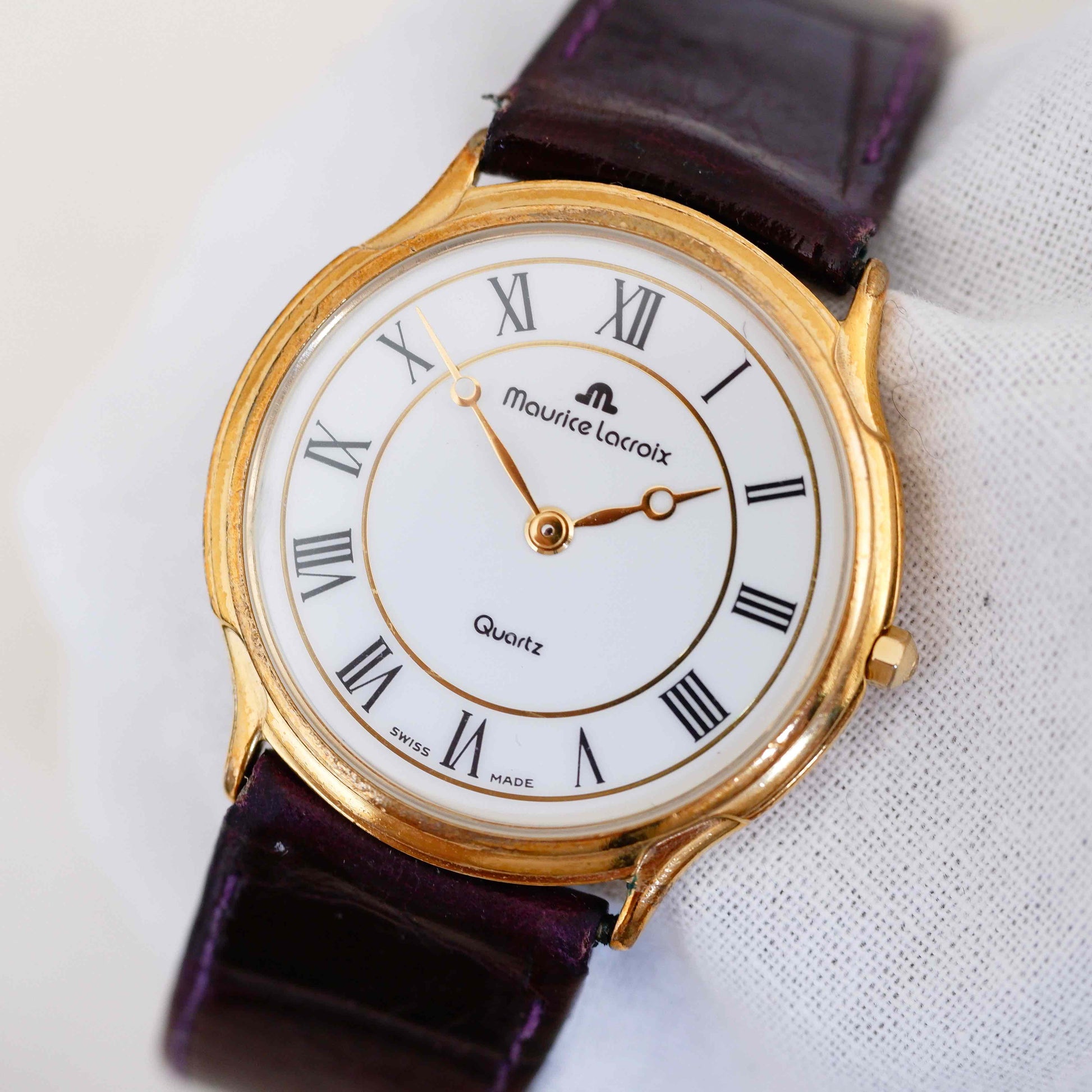 Maurice Lacroix Vintage Ladies Watch: 90s Golden with Classic Roman Numerals, Third Front Side