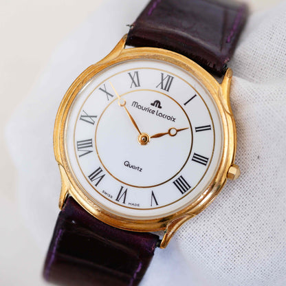Maurice Lacroix Vintage Ladies Watch: 90s Golden with Classic Roman Numerals, Third Front Side