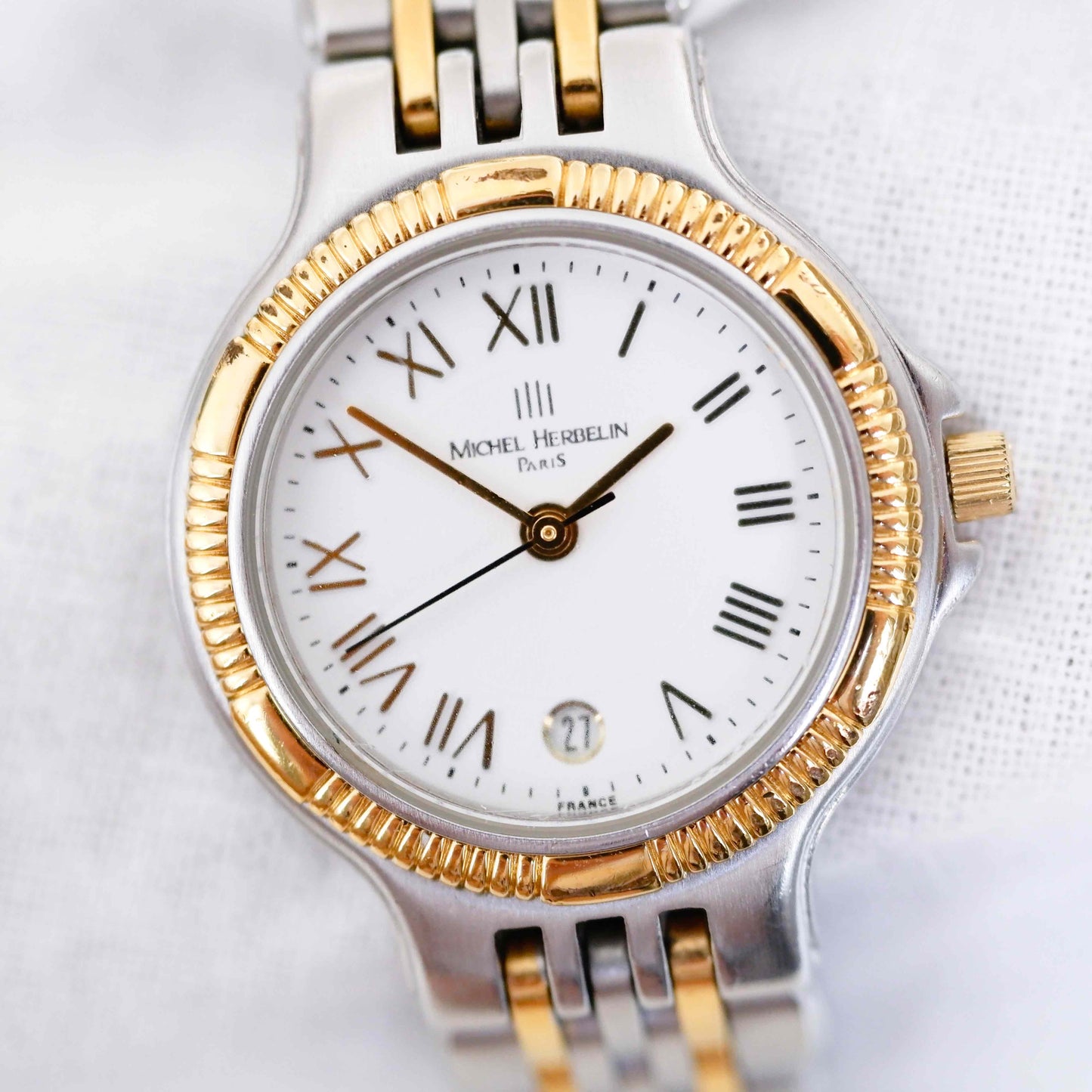 Michel Herbelin Vintage Ladies Watch: 90s Golden Two Tone Classic with Roman Numerals, First Front Side