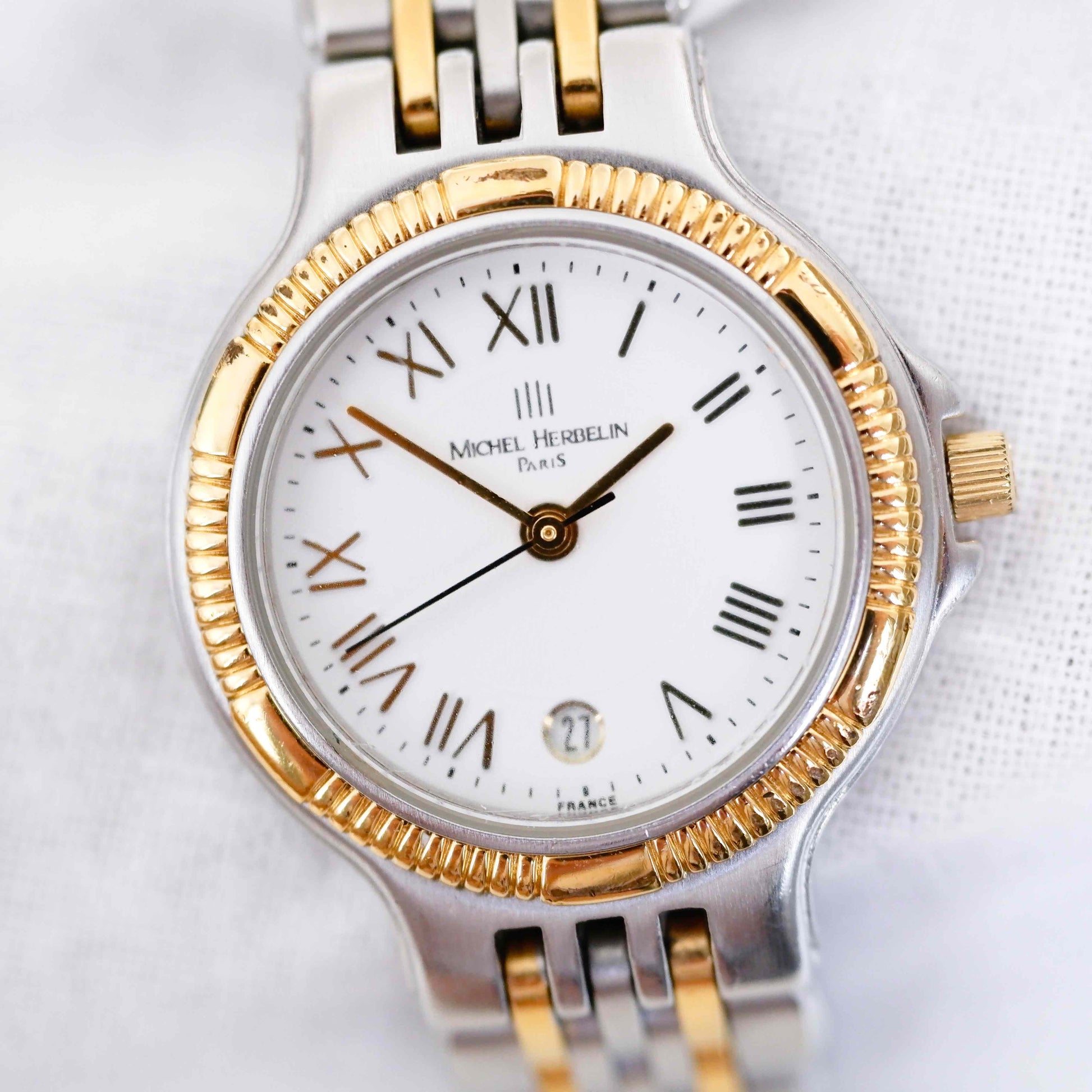 Michel Herbelin Vintage Ladies Watch: 90s Golden Two Tone Classic with Roman Numerals, First Front Side