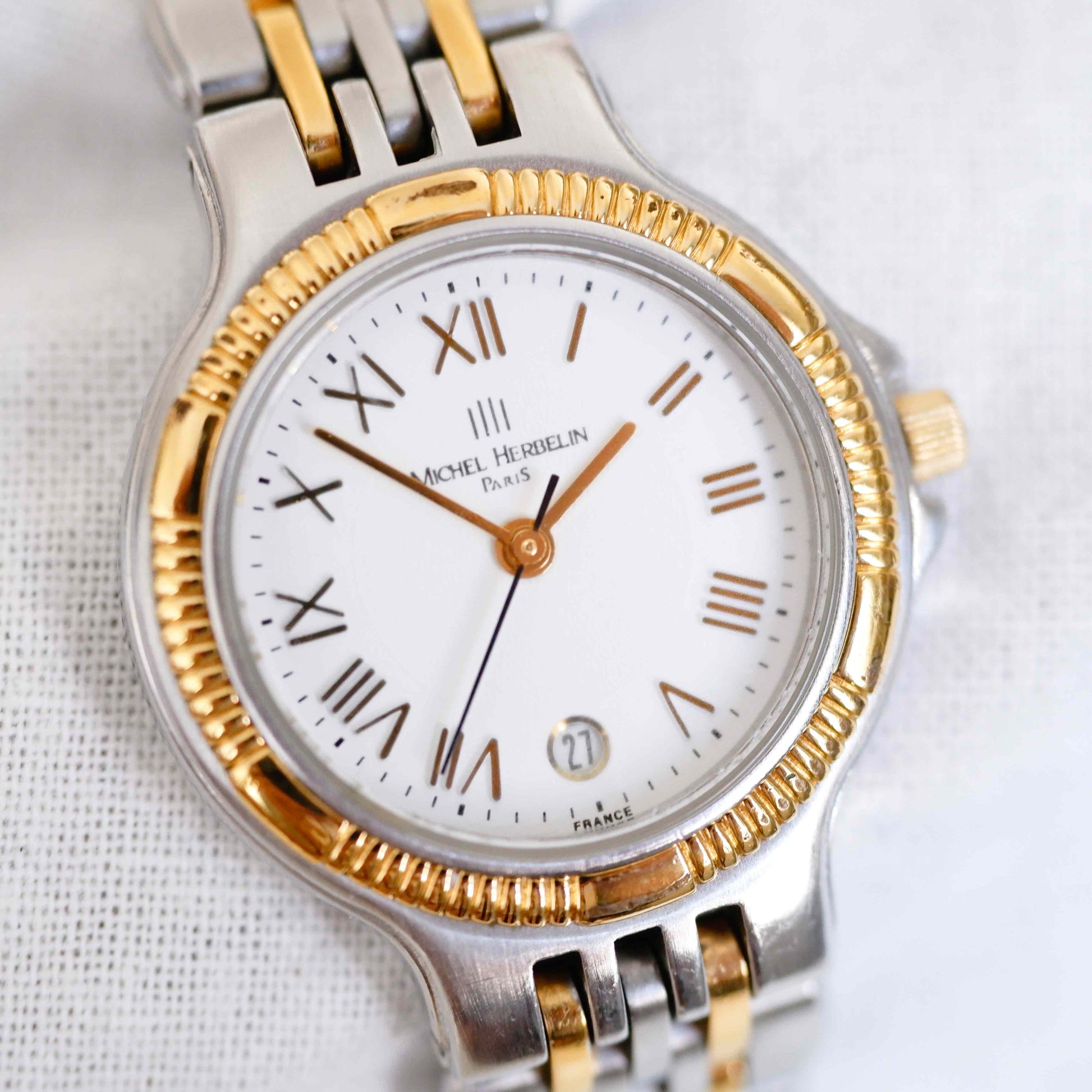 Michel Herbelin Vintage Ladies Watch: 90s Golden Two Tone Classic with Roman Numerals, Slight Left Side