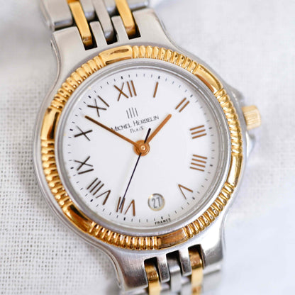 Michel Herbelin Vintage Ladies Watch: 90s Golden Two Tone Classic with Roman Numerals, Slight Left Side