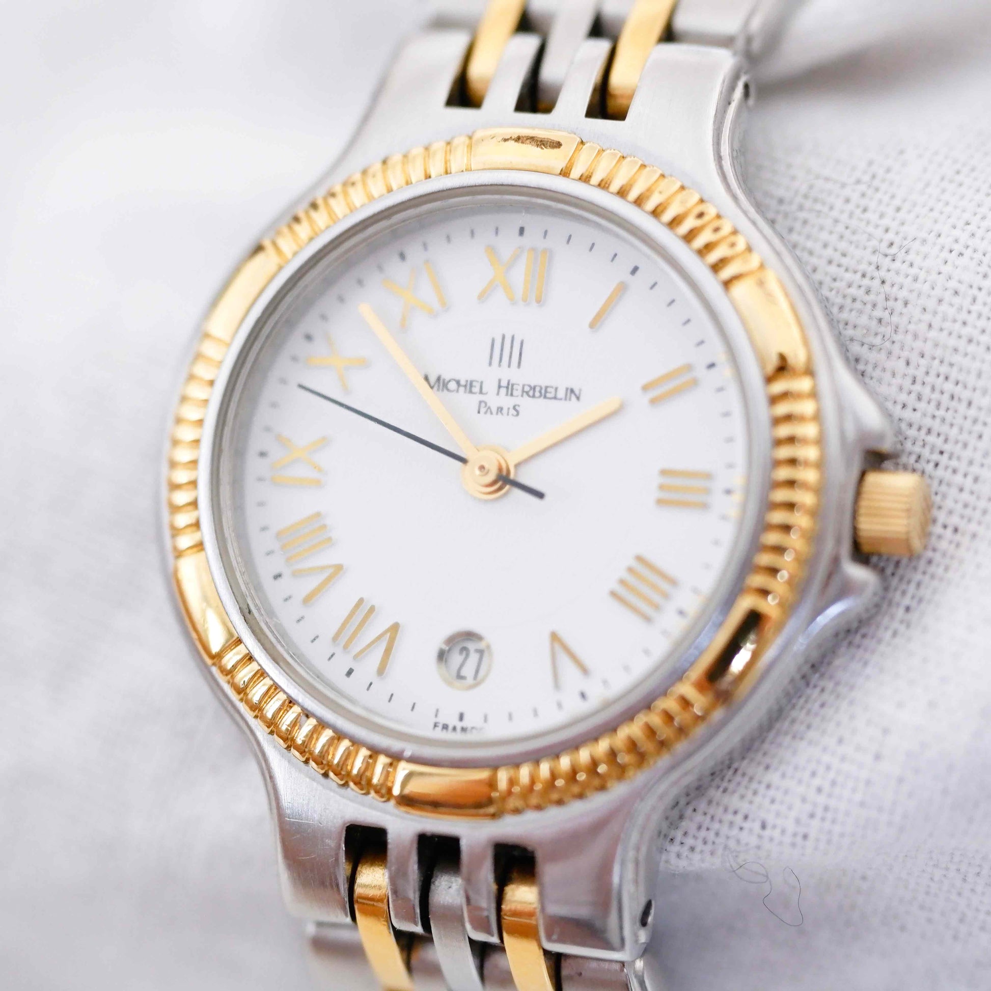 Michel Herbelin Vintage Ladies Watch: 90s Golden Two Tone Classic with Roman Numerals, Slight Right Side