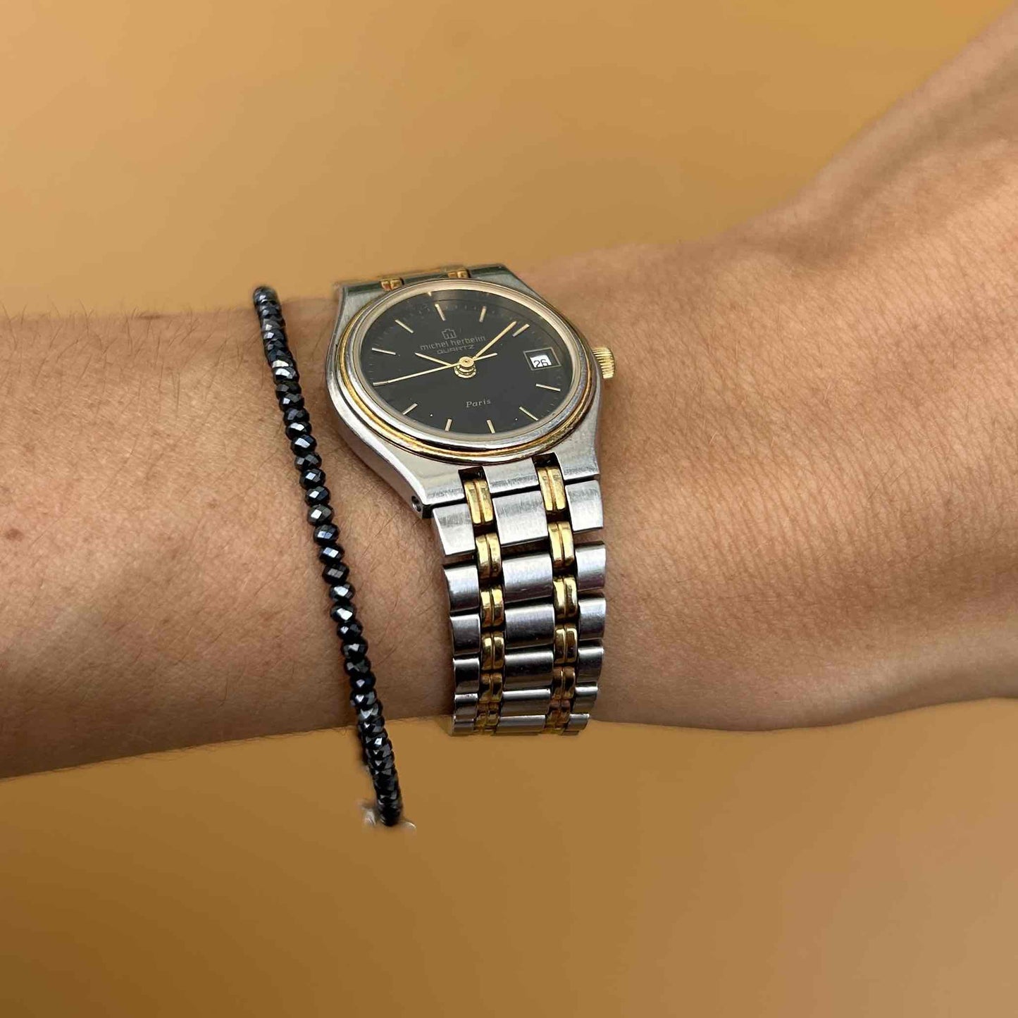 Michel Herbelin Watch: Vintage Ladies 90s Gold Two-Tone Black Dial