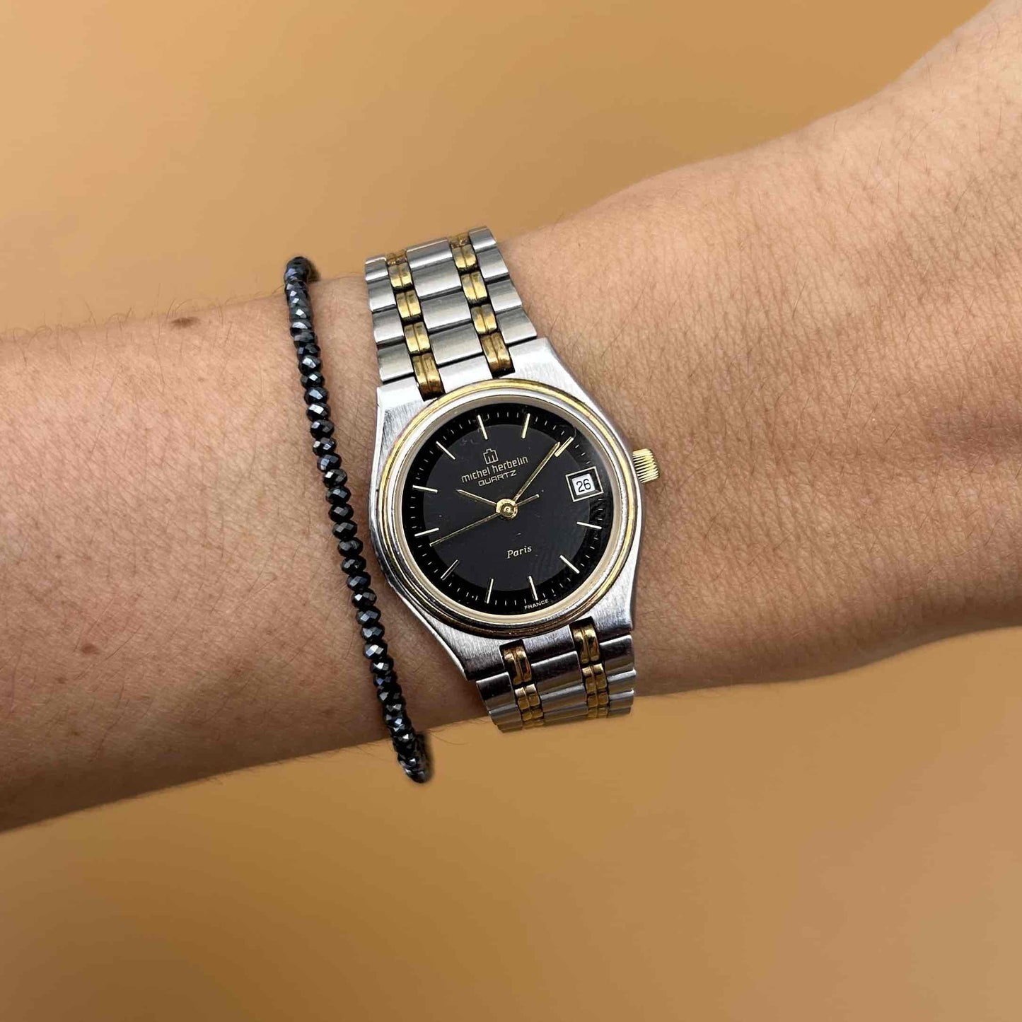 Michel Herbelin Watch: Vintage Ladies 90s Gold Two-Tone Black Dial
