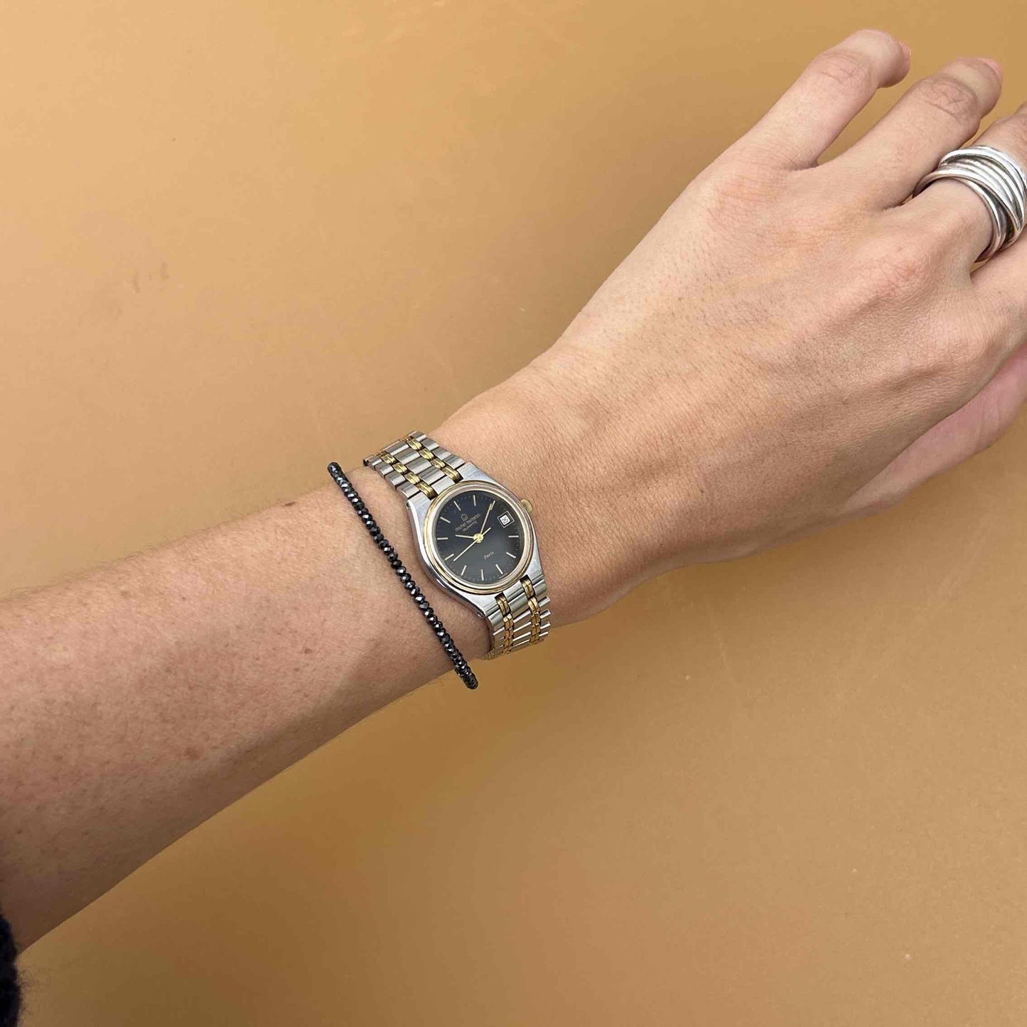 Michel Herbelin Watch: Vintage Ladies 90s Gold Two-Tone Black Dial