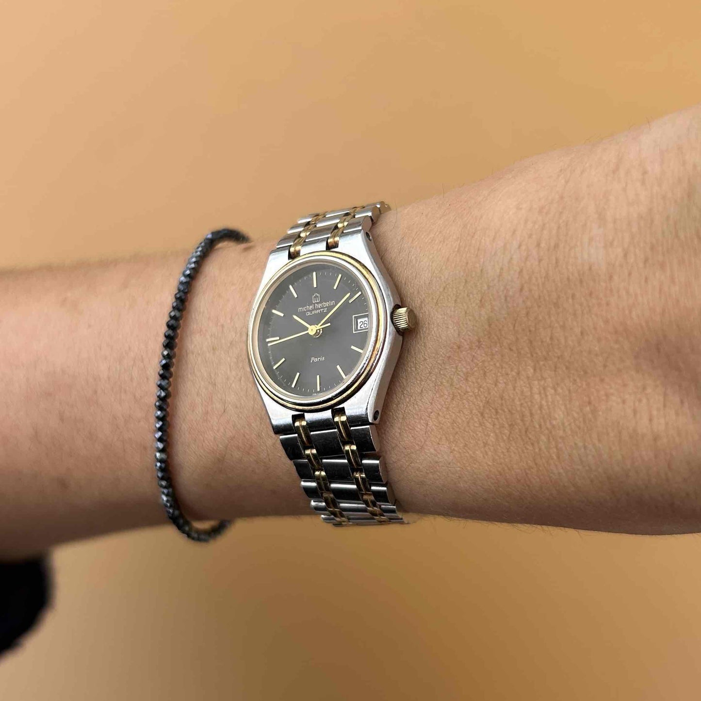 Michel Herbelin Watch: Vintage Ladies 90s Gold Two-Tone Black Dial