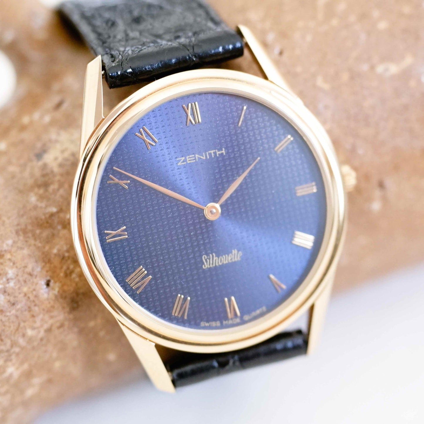 Zenith Vintage Watch: Ladies 90s Gold with Blue Guilloche Dial - New Old Stock | Slight Left Side