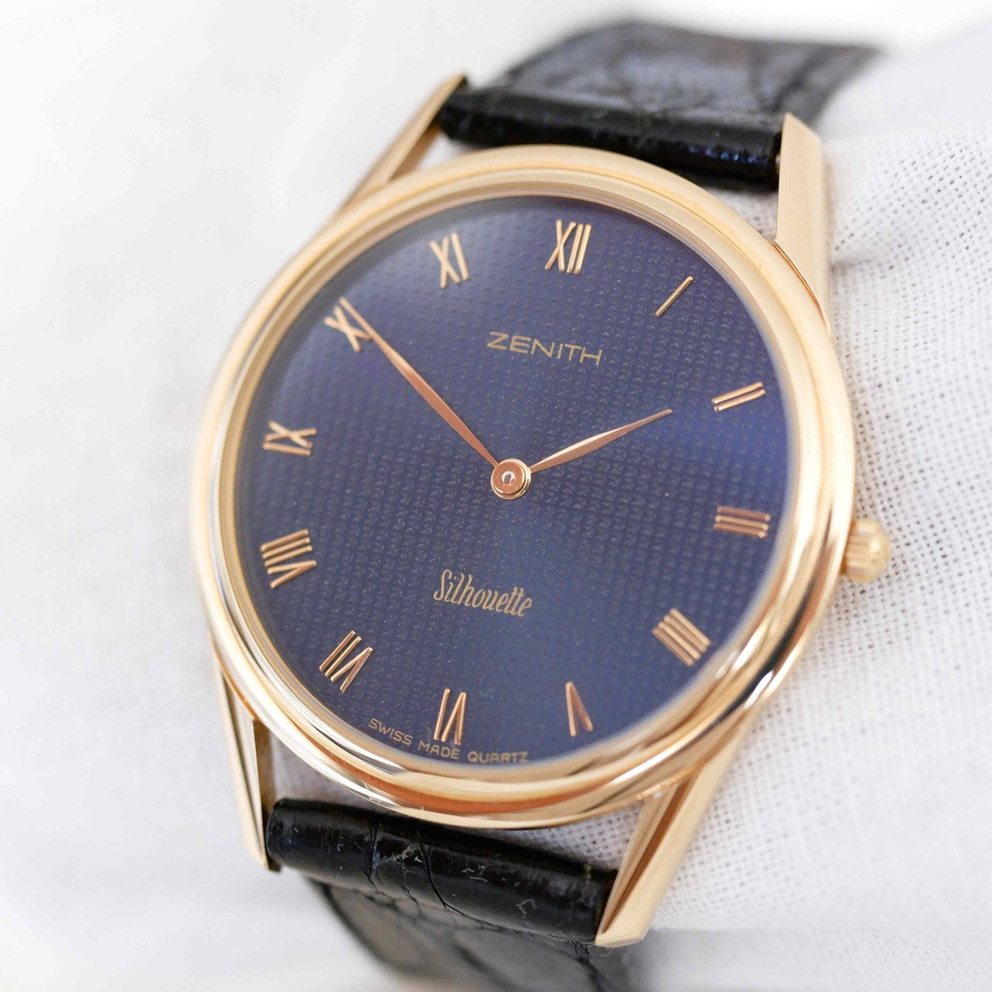 Zenith Vintage Watch: Ladies 90s Gold with Blue Guilloche Dial - New Old Stock