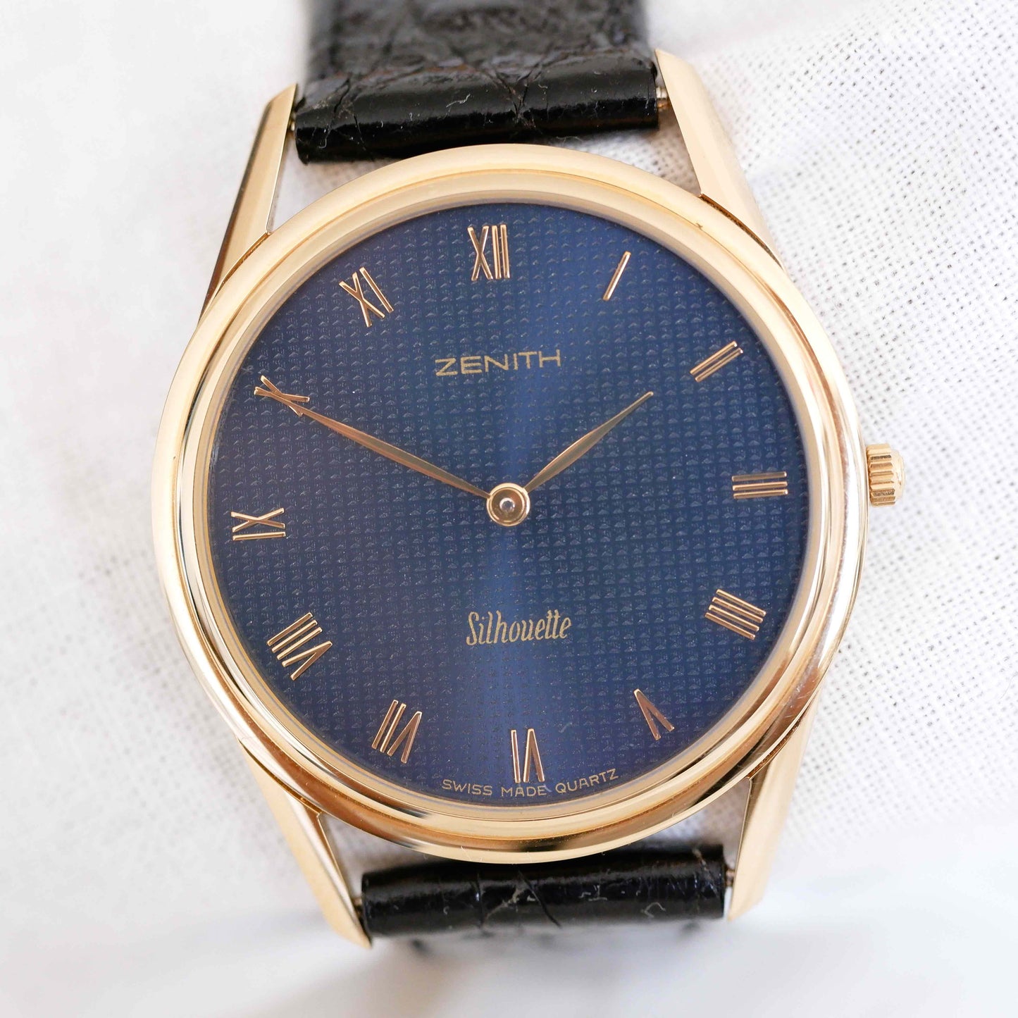 Zenith Vintage Watch: Ladies 90s Gold with Blue Guilloche Dial - New Old Stock | Third Front Side
