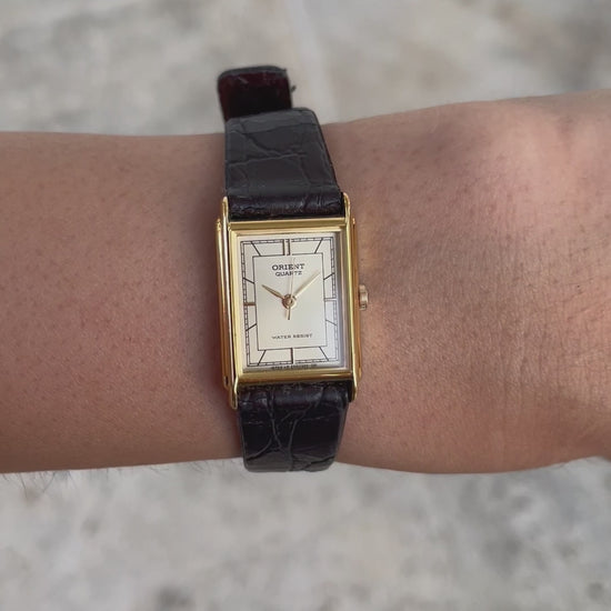 Orient Vintage Ladies Watch: 90s Golden Classic Rectangular Style - New Old Stock (NOS), Wrist Shot Video