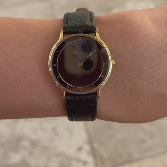 Certina Vintage Ladies Watch: 90s Gold, Black Dial and Roman Numerals | Wrist Shot Video