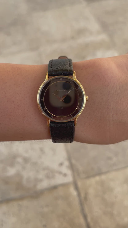 Certina Vintage Ladies Watch: 90s Gold, Black Dial and Roman Numerals | Wrist Shot Video