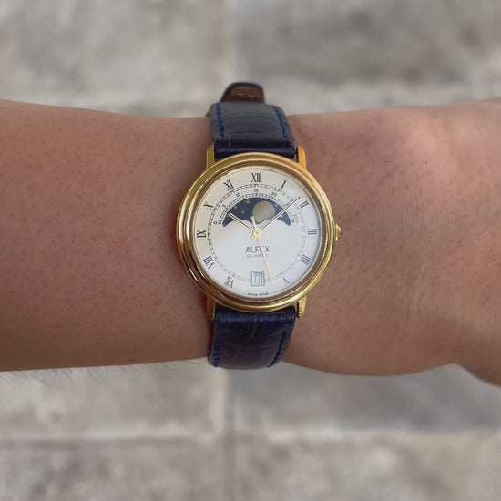 Copy of Alfex Vintage Ladies Watch: 80s Gold, Rectangular Moon Phase Style | Wrist Shot Video
