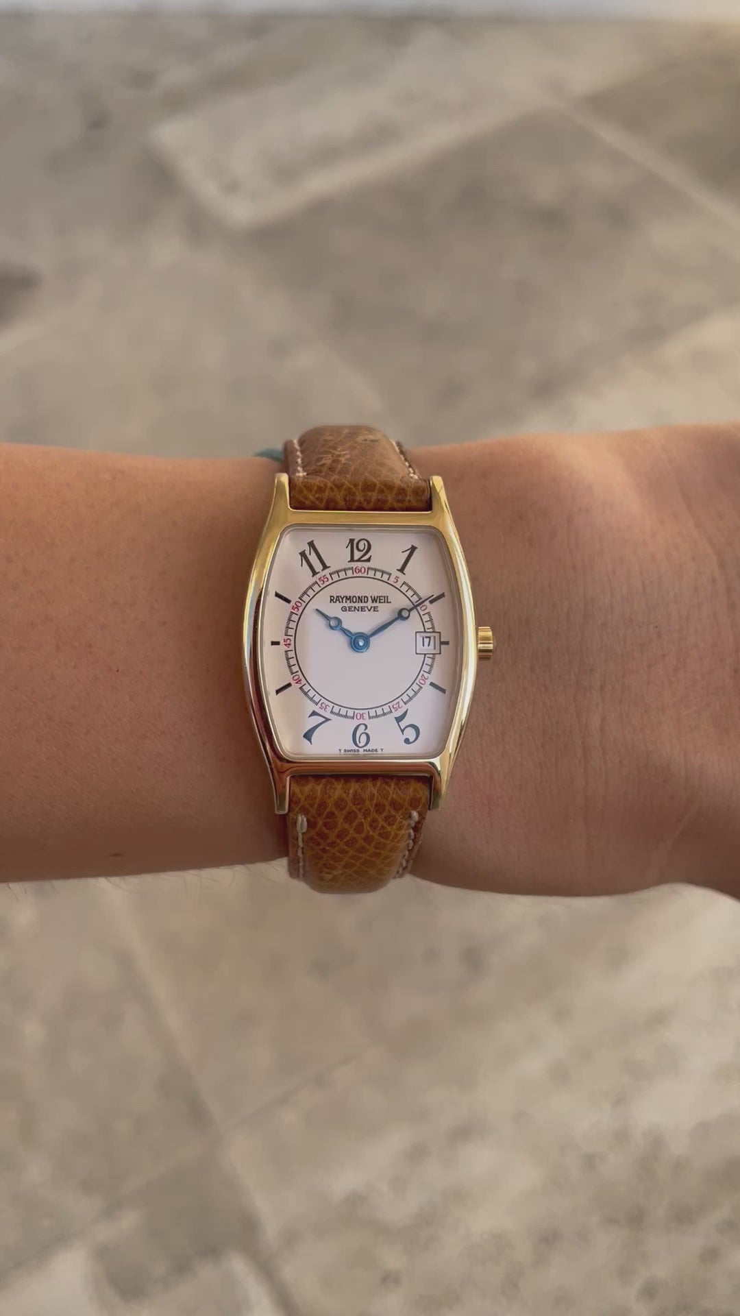 Raymond Weil Vintage Ladies Watch: 80s Gold Rectangular Style - New Old Stock (NOS), Wrist Shot Video
