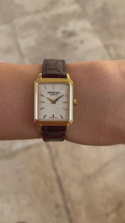 Raymond Weil Watch: Vintage Ladies 90s Golden Rectangular Style with White Dial