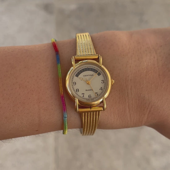 Certina Vintage Ladies Watch: 90s Gold, Blue Date and Classic Numerals, Wrist Shot Video